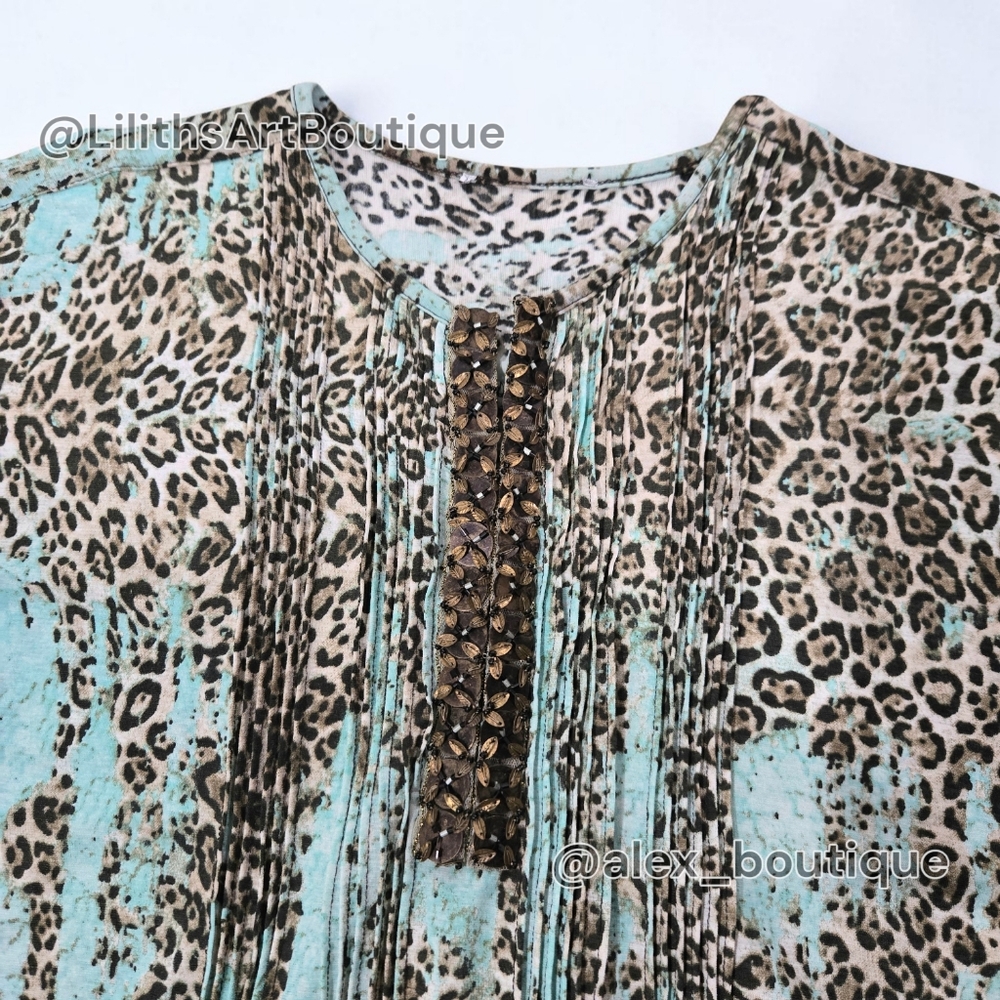 T Tahari Embellished Animal Print Tunic Drawstring Waist Blouse Size L (L032) - Picture 5 of 7
